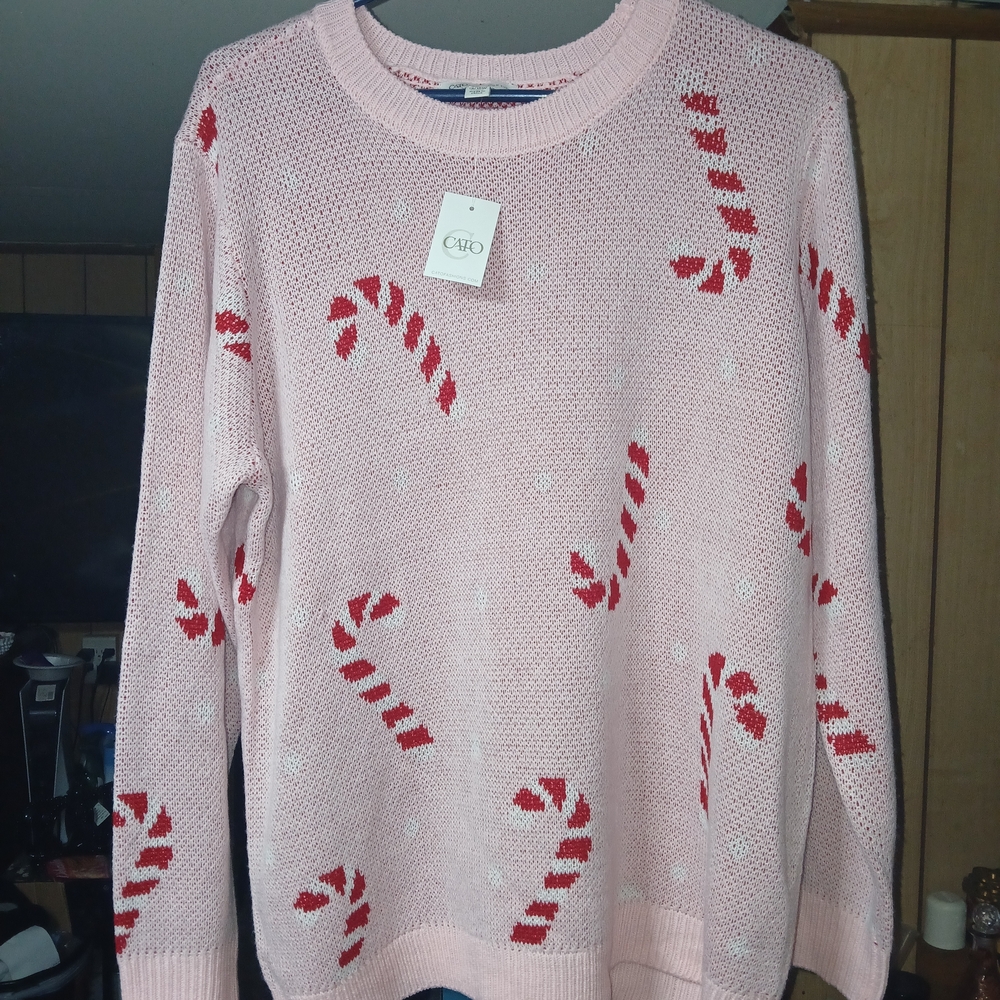 Cato Pink Sweater with Red Candy Cane Design